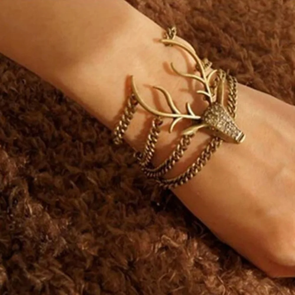 Antique Rhinestone Gold Deer Chain Bracelet